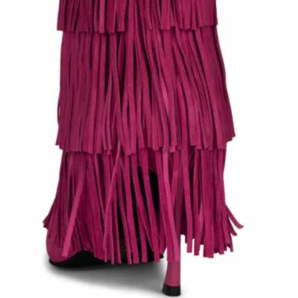 💋OBSESSED!💋 Genuine Leather Wildhorse Fringe Stiletto Boots in Fuchsia - Picture 7 of 13